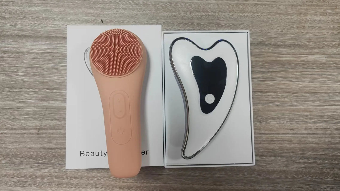 Gua sha facial massager. Four-mode facial sculpting tool with heat therapy, red and blue light therapy.
