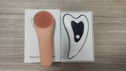 Gua sha facial massager. Four-mode facial sculpting tool with heat therapy, red and blue light therapy.