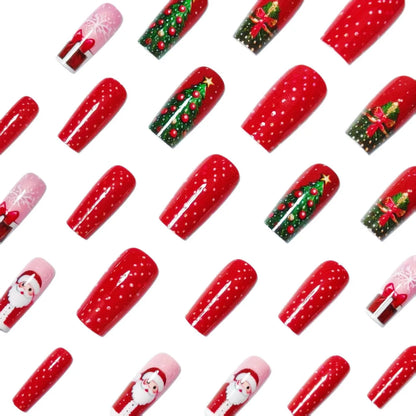 24pcs Red Santa Claus Christmas Tree Press On Nails Red Style Designs