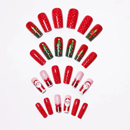 24pcs Red Santa Claus Christmas Tree Press On Nails Red Style Designs