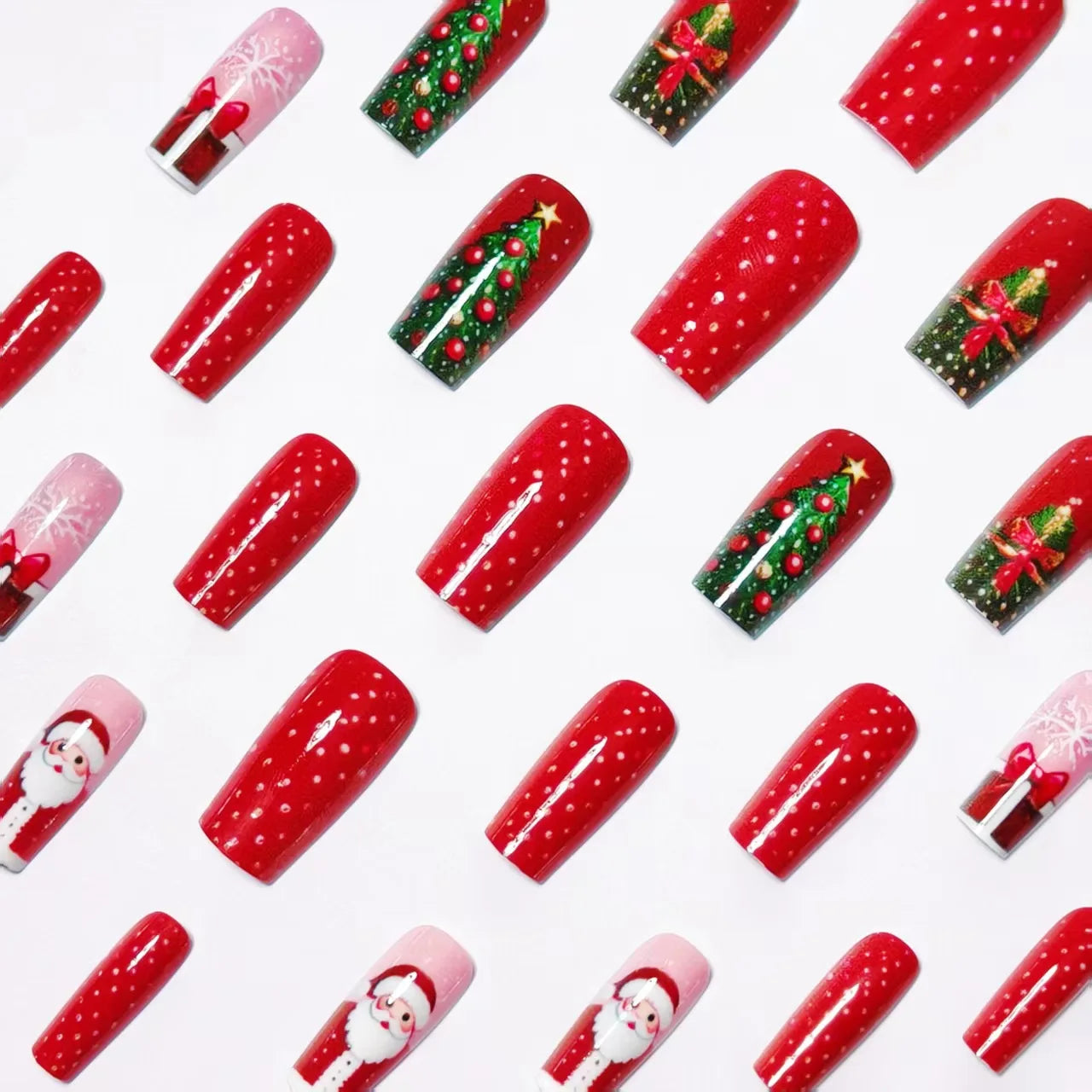 24pcs Red Santa Claus Christmas Tree Press On Nails Red Style Designs