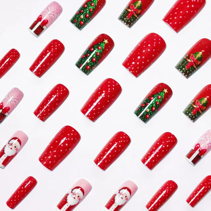 24pcs Red Santa Claus Christmas Tree Press On Nails Red Style Designs