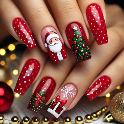 24pcs Red Santa Claus Christmas Tree Press On Nails Red Style Designs