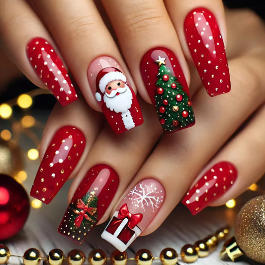 24pcs Red Santa Claus Christmas Tree Press On Nails Red Style Designs