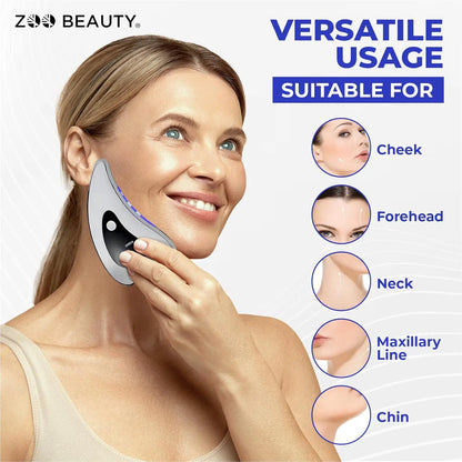 Gua sha facial massager. Four-mode facial sculpting tool with heat therapy, red and blue light therapy.