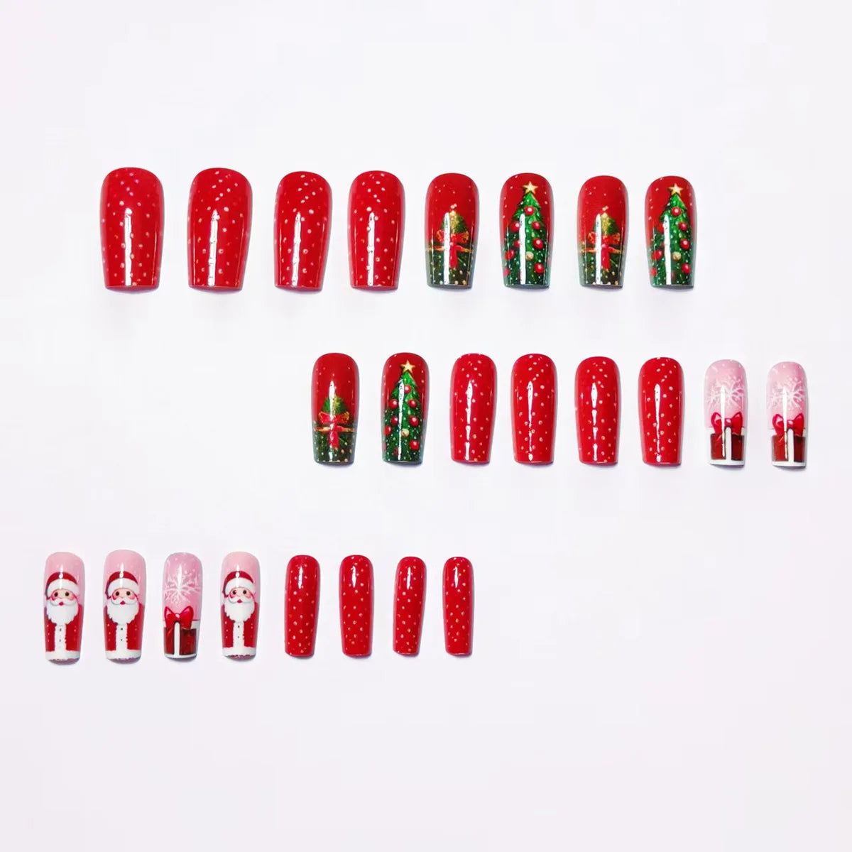 24pcs Red Santa Claus Christmas Tree Press On Nails Red Style Designs