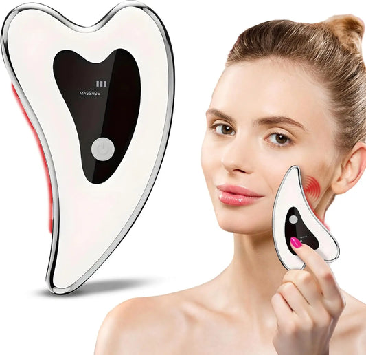 Gua sha facial massager. Four-mode facial sculpting tool with heat therapy, red and blue light therapy.