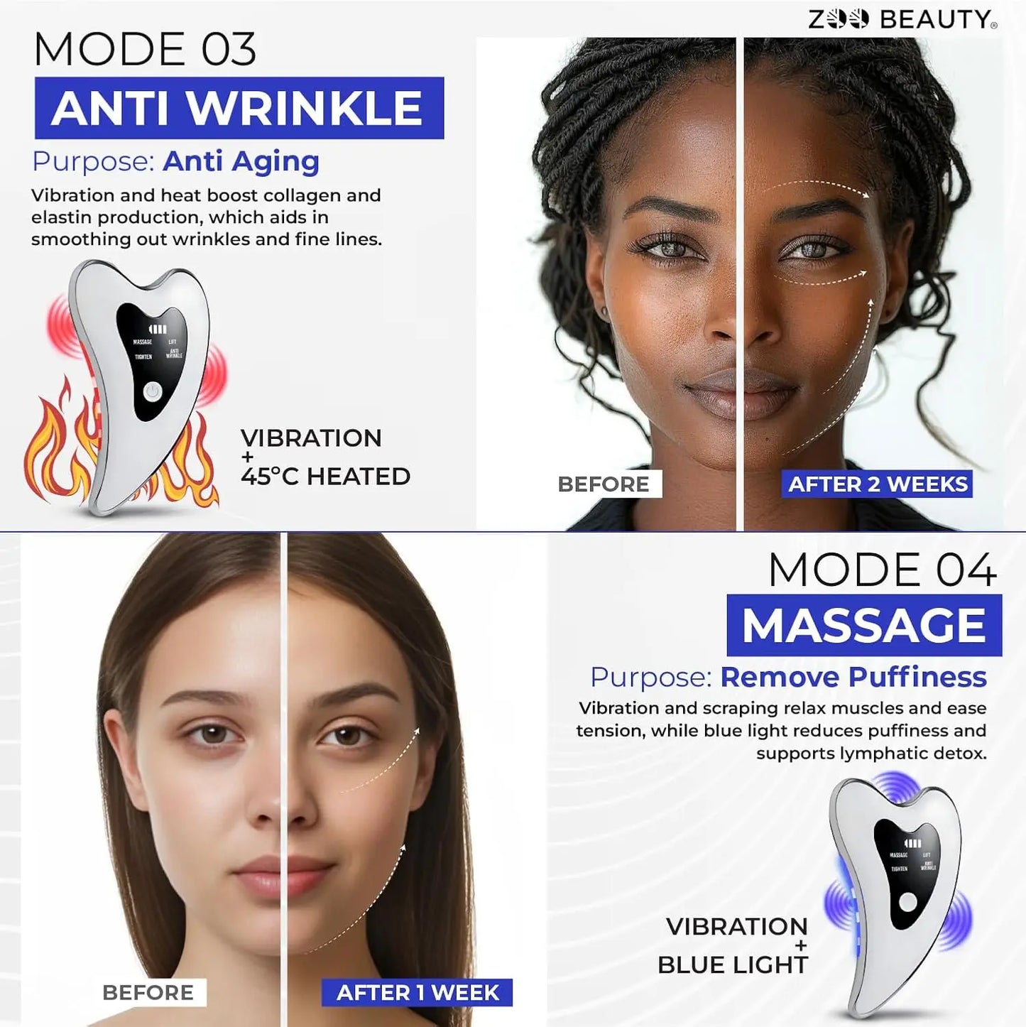 Gua sha facial massager. Four-mode facial sculpting tool with heat therapy, red and blue light therapy.