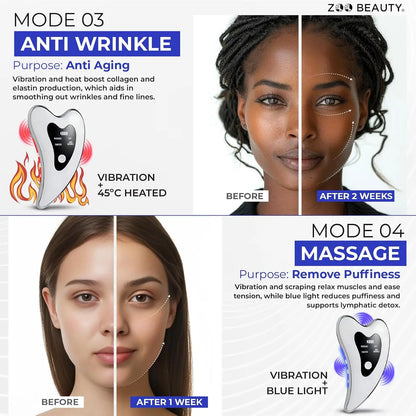 Gua sha facial massager. Four-mode facial sculpting tool with heat therapy, red and blue light therapy.