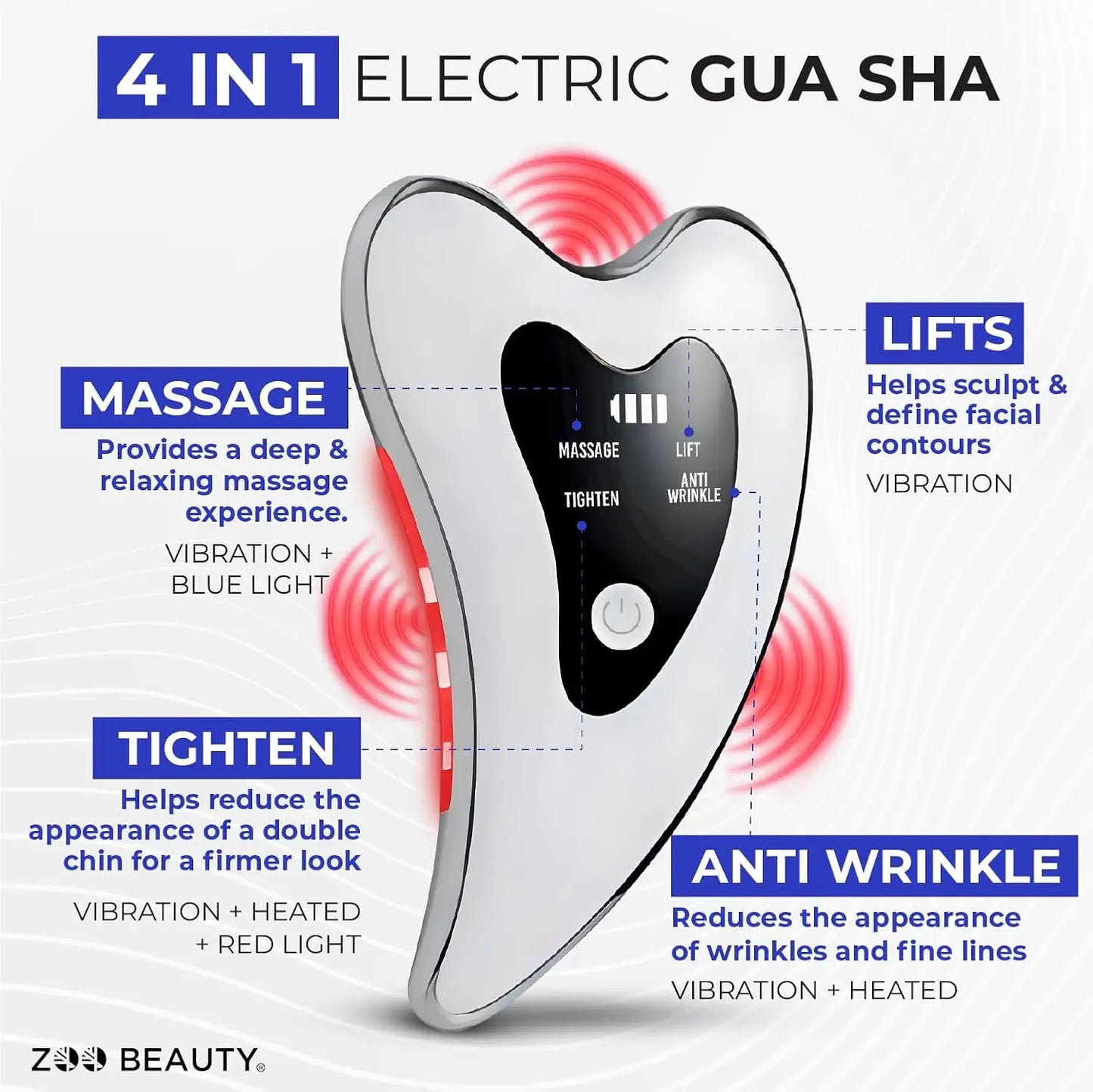 Gua sha facial massager. Four-mode facial sculpting tool with heat therapy, red and blue light therapy.