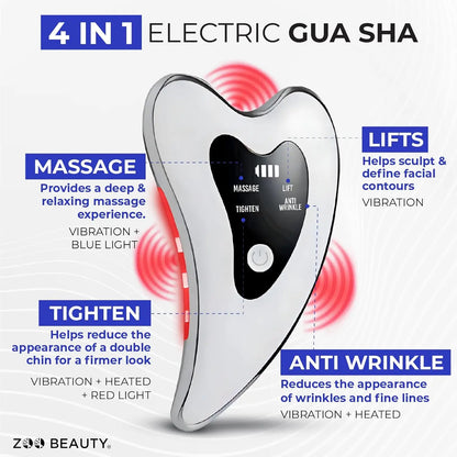 Gua sha facial massager. Four-mode facial sculpting tool with heat therapy, red and blue light therapy.